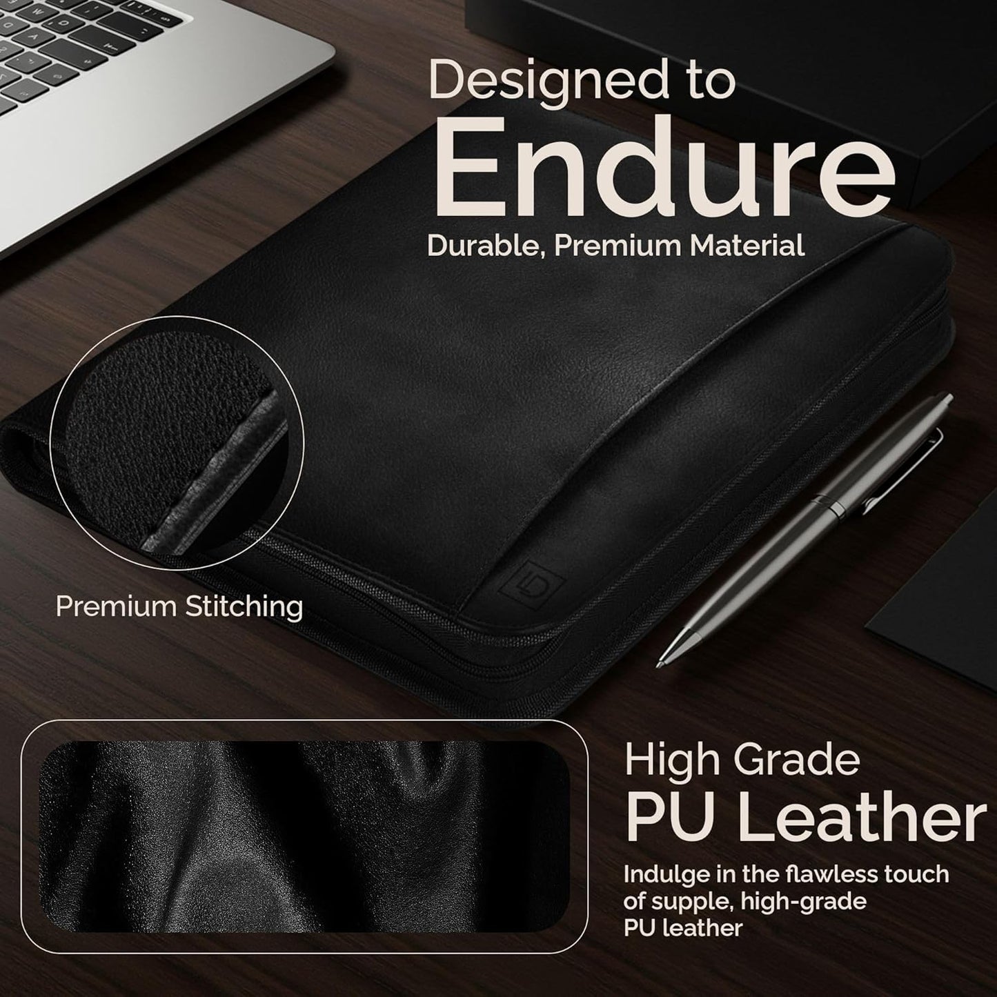 Black Zippered Leather Portfolio Binder - PU Leather Business Portfolio Organizer - Padfolio for Men & Women with US Letter Notepad, 10.5 Inch Tablet Pocket & Gift Box by Lautus Designs