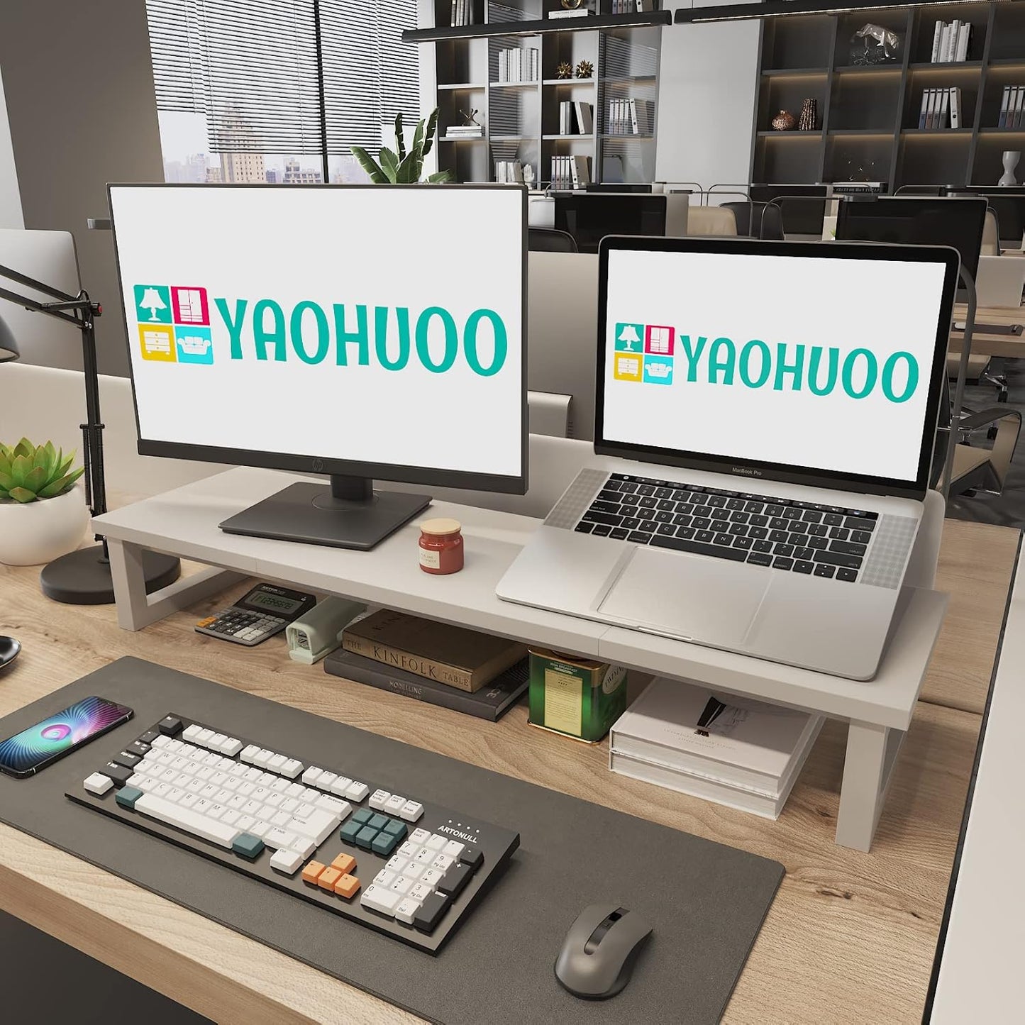 Dual Monitor Stand Riser, 39Inch Large Monitor Stands for 2 Monitors, Computer Monitor Stand, Wooden Desktop Oraganizer Shelf for Office Desk Computer,Laptop,TV