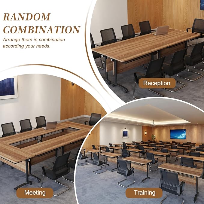 Folding Conference Room Table, Modern Conference Tables with Silent Wheels, Large Rectangular Mobile Training Tables for Office Classroom, Foldable Modular Boardroom Seminar Table (8pack L63in)