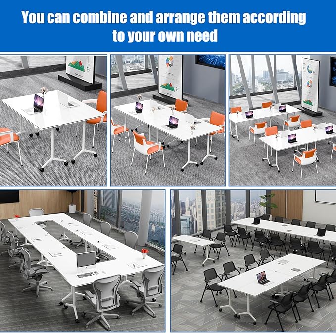 Conference Table, Folding Conference Desk Modern White, Seminar Table with Wheels, 2-10 People for Office, Meeting Break Room (2, 1915, 71IN)