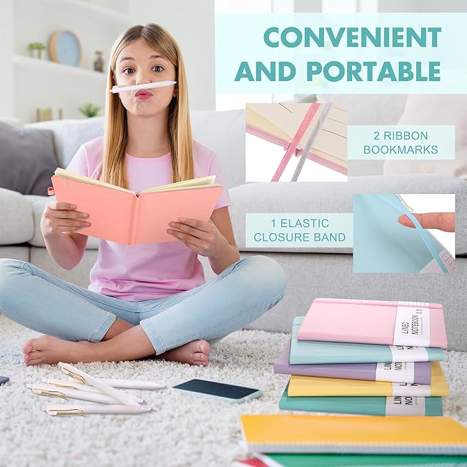 Aodaer 12 Set Lined Notebook Journals with Pens A5 Notebooks 100 GSM College Ruled Hardcover Notebook PU Leather Notepad with Pen Holder for Office School, 5.7 x 8.3 Inches, Light Multicolor