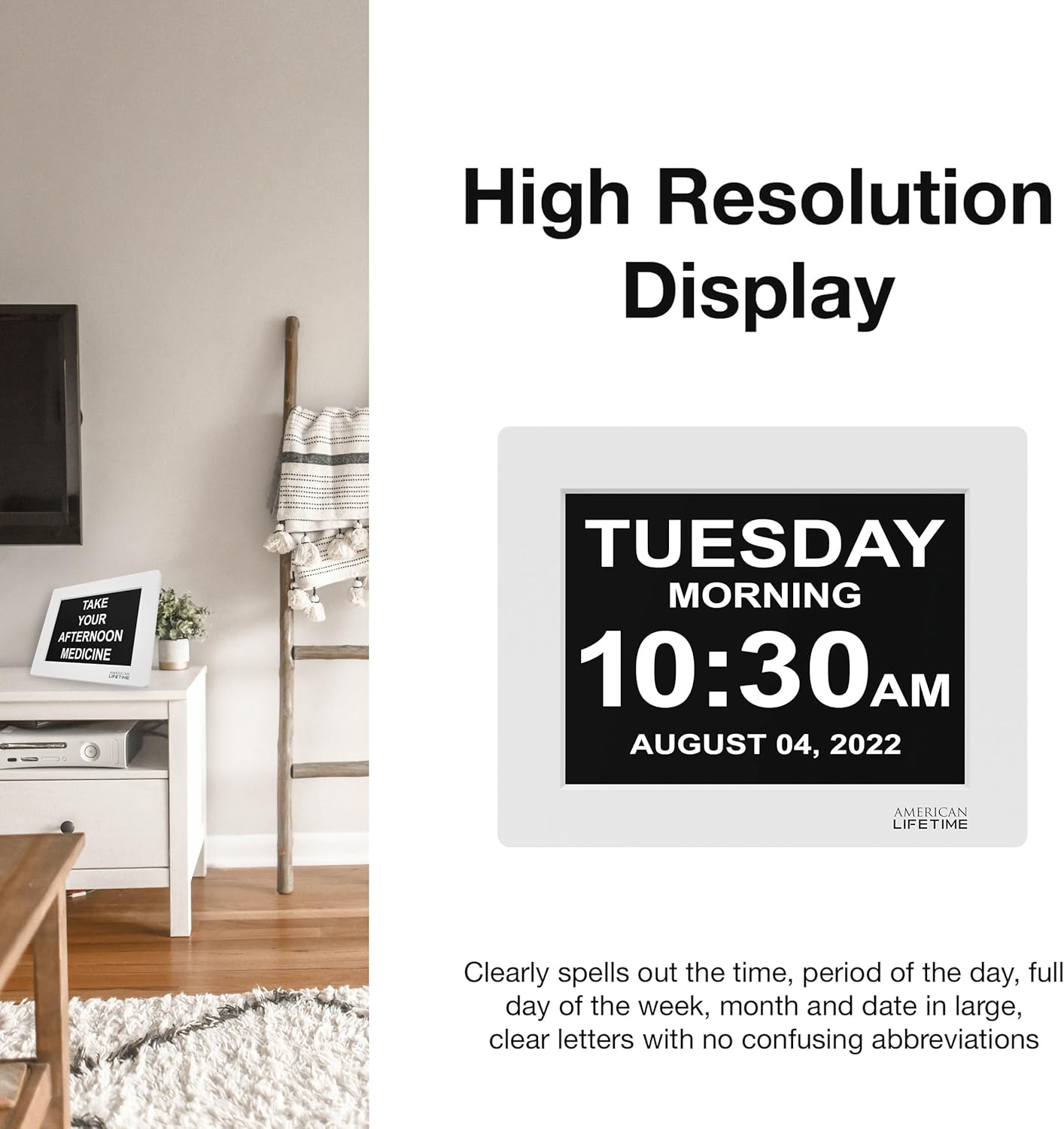 American Lifetime New 2025 Dementia Clock Large Digital Clock for Seniors, Large Display with Custom Alarms, Calendar Clock with Day & Date for Elderly, Clear Numbers Alzheimer Digital Clock White