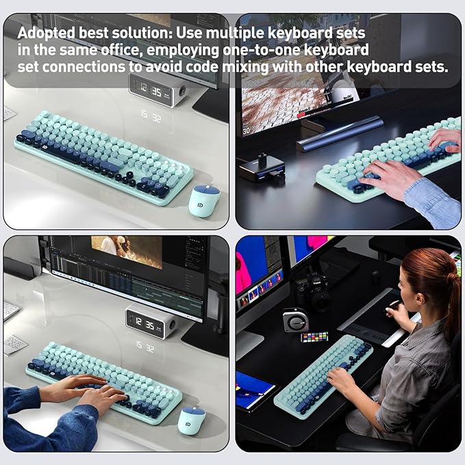 Wireless Keyboard and Mouse Set, 104 Round Keys Full-Size Cute Colorful Keyboard and Mouse with Retro Typewriter for PC/Mac/Laptop/Tablet/Computer/Windows Blue