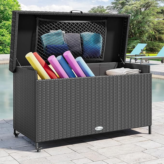 YITAHOME 200 Gallon Large Wicker Deck Box w/Storage Net, Rattan XL Outdoor Storage Box Patio Cushion Storage, Waterproof Storage Box for Patio Furniture, Garden Tools, Pool Sports Equipment (Black)