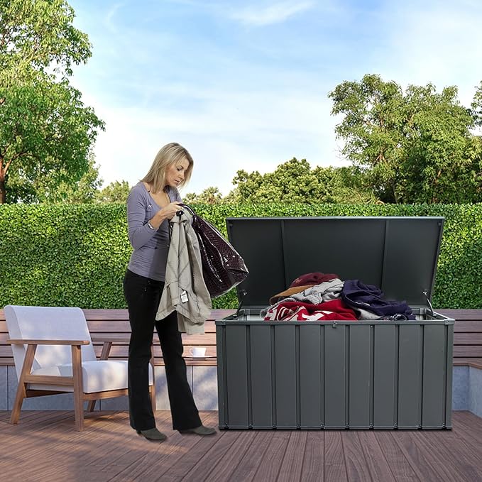 Domi Outdoor Storage Deck Box 120 Gallon, Waterproof Lockable Steel Outdoor Storage Container for Outside Cushions, Garden Tools and Pools Equipment, Gray
