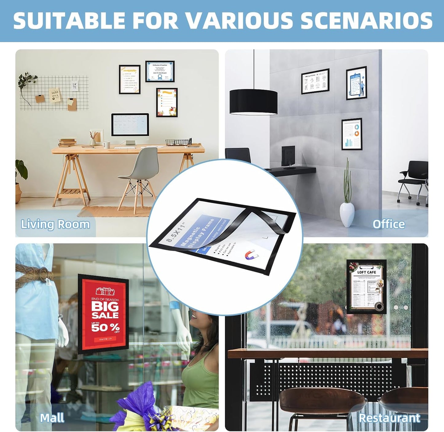 Magnetic Sign Holder 8.5 x 11-5Pcs Magnetic Frames for Refrigerator Double Sided Reusable Adhesive Frames for Walls Door Window Picture Photo Document Paper Poster Magnetic Display Frame