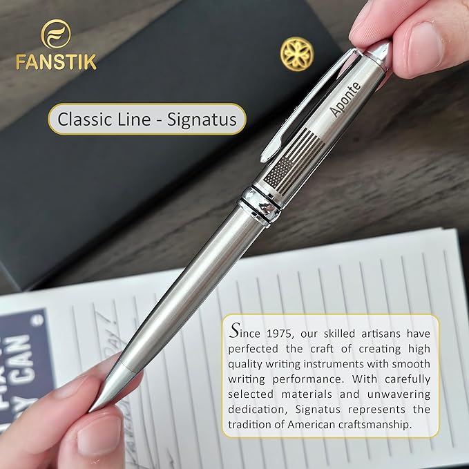 Customized BallPoint pen with name and US Flag (MADE IN USA), stainless steel, silver, luxury engraved pen personalized for men and for women. (BallPoint US-Flag)