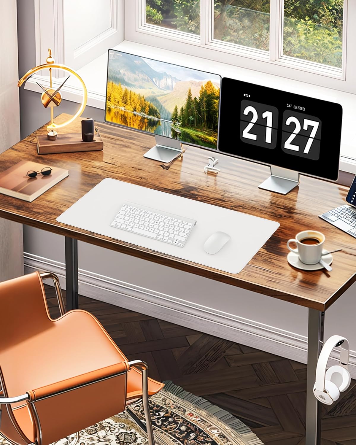 Large Desk Pad Mat - Waterproof Mouse Pad & Desk Protector, Non-Slip XL PU Leather Gaming Mat for Keyboard/Mouse, Stitched Edge with Ergonomic Support, 47"x17" (White)