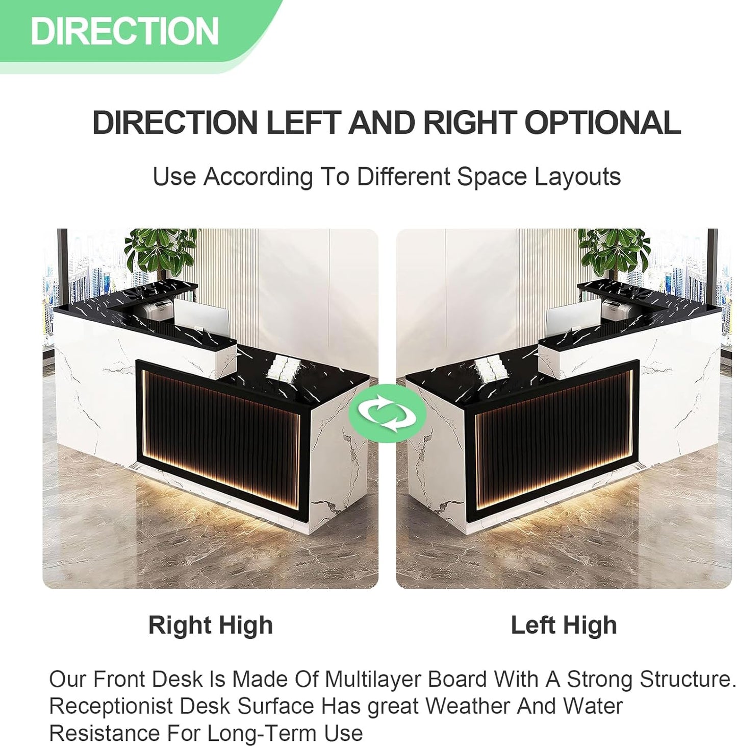 Modern Reception Desk with Counter and Drawer Office Front Desk with Cabinet Wooden Commercial Reception Table Checkout Counter for Retail Salon Lobby White and Black Left 79inch/200cm