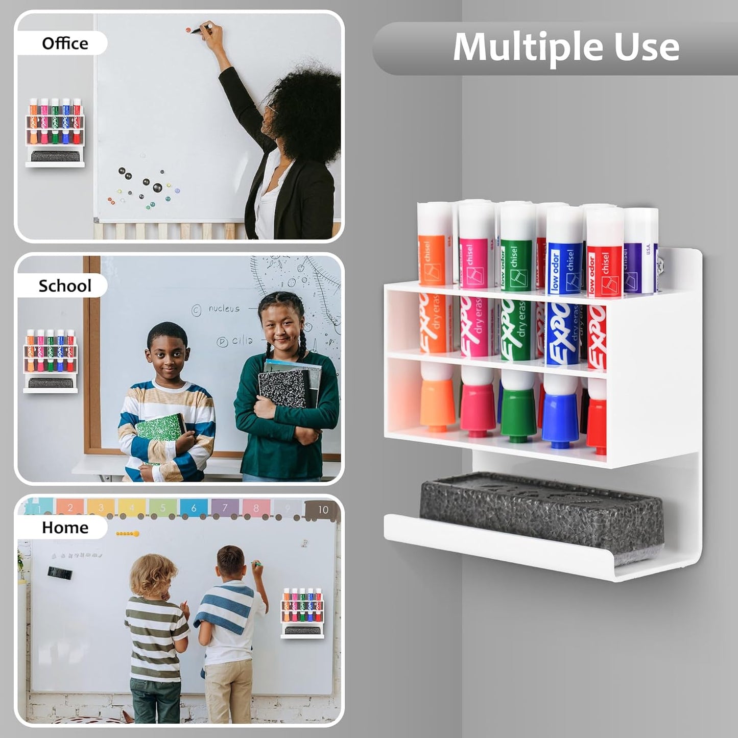 Dry Erase Marker Holder, 2 PCS Wall Mounted Acrylic Marker Holder with 10 Slots, Sticky Pen Storage for Classroom Organization, Whiteboard, Office, White