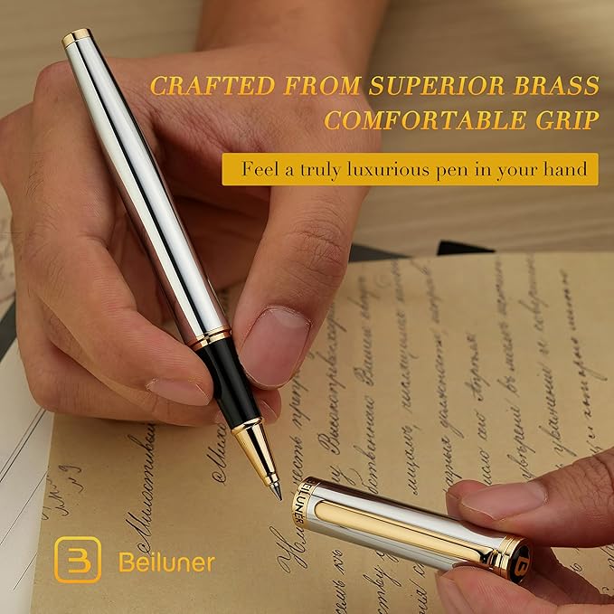 BEILUNER Luxury Rollerball Pen, Stunning Silver Chrome with 24K Gold Finish,Noble and Elegant Designs,Schneider Ink Refill, Best Gift Pen for Men & Women, Professional, Executive Office, Fancy Pens
