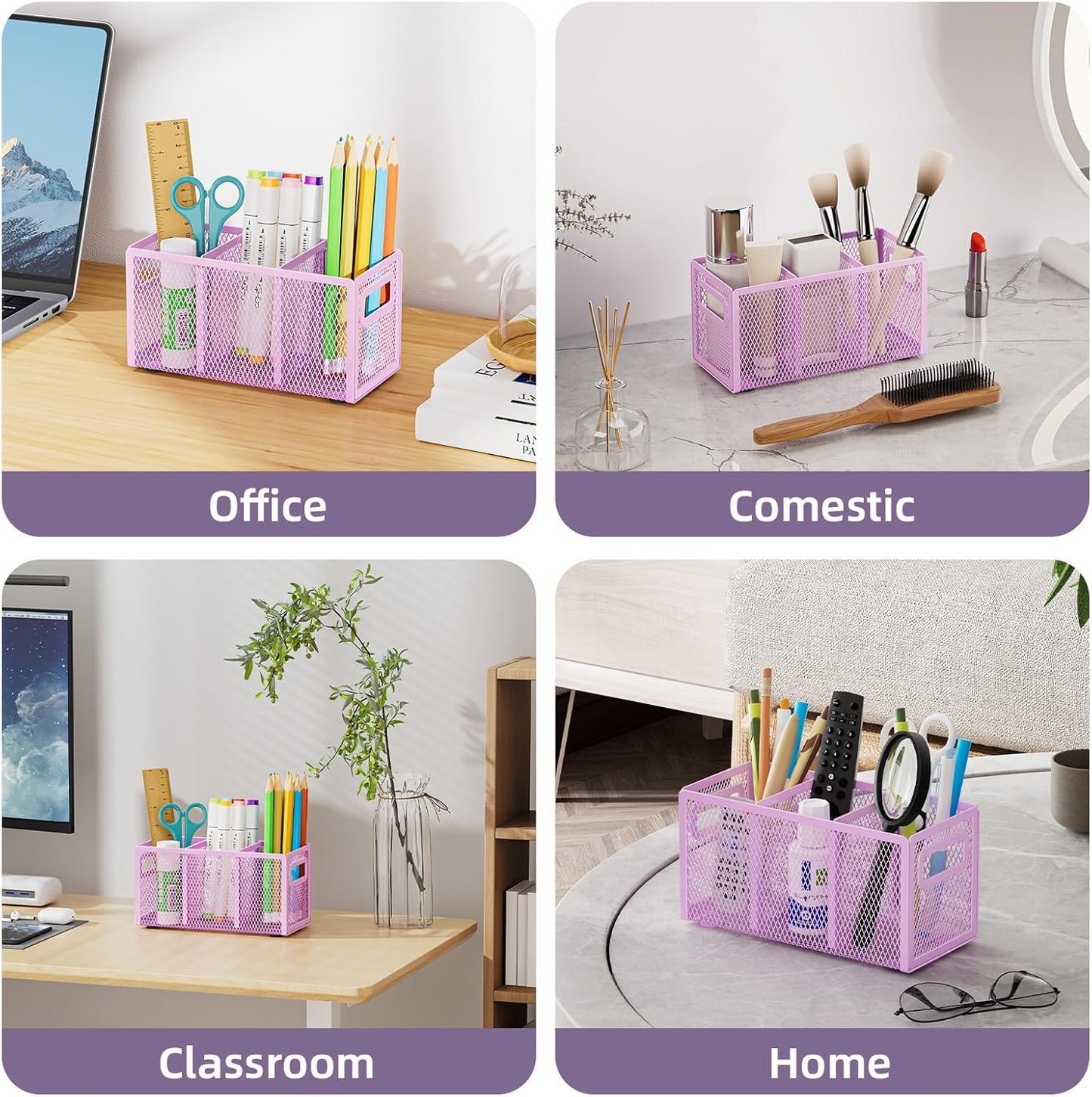 Marbrasse Mesh Pen Holder for Desk,Pencil Holder Desk Organizer 3 Adjustable Compartments,Pencil Cup with Handle Perfect for Classroom, Office, Home,Makeup,Art (Purple)