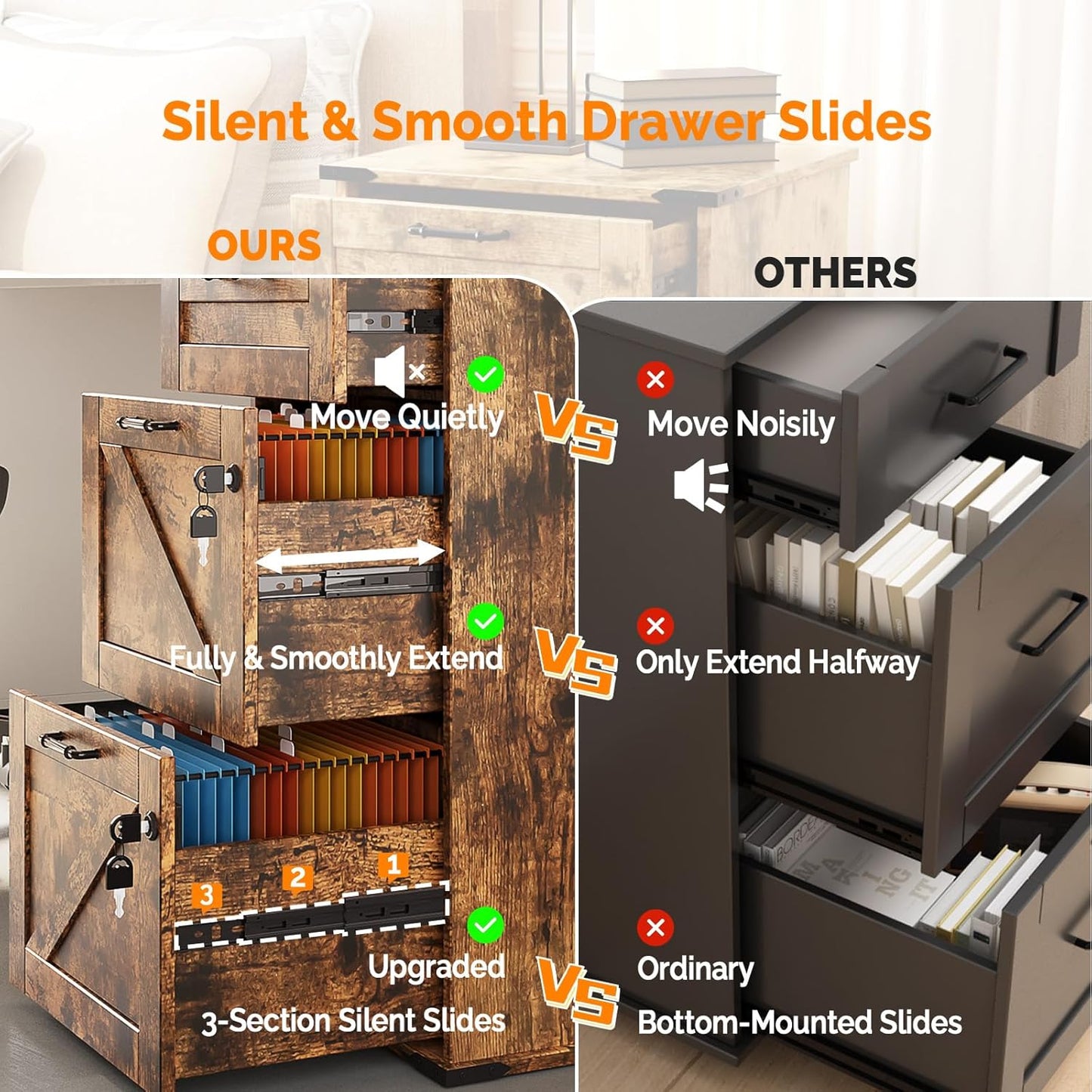 VINGLI 3 Drawer File Cabinet with Lock, Home Office Filing Organizer, for Letter Size File Folder Storage, Modern Farmhouse Style, Wood Vertical Filing Cabinet, Archivador (Rustic Brown)