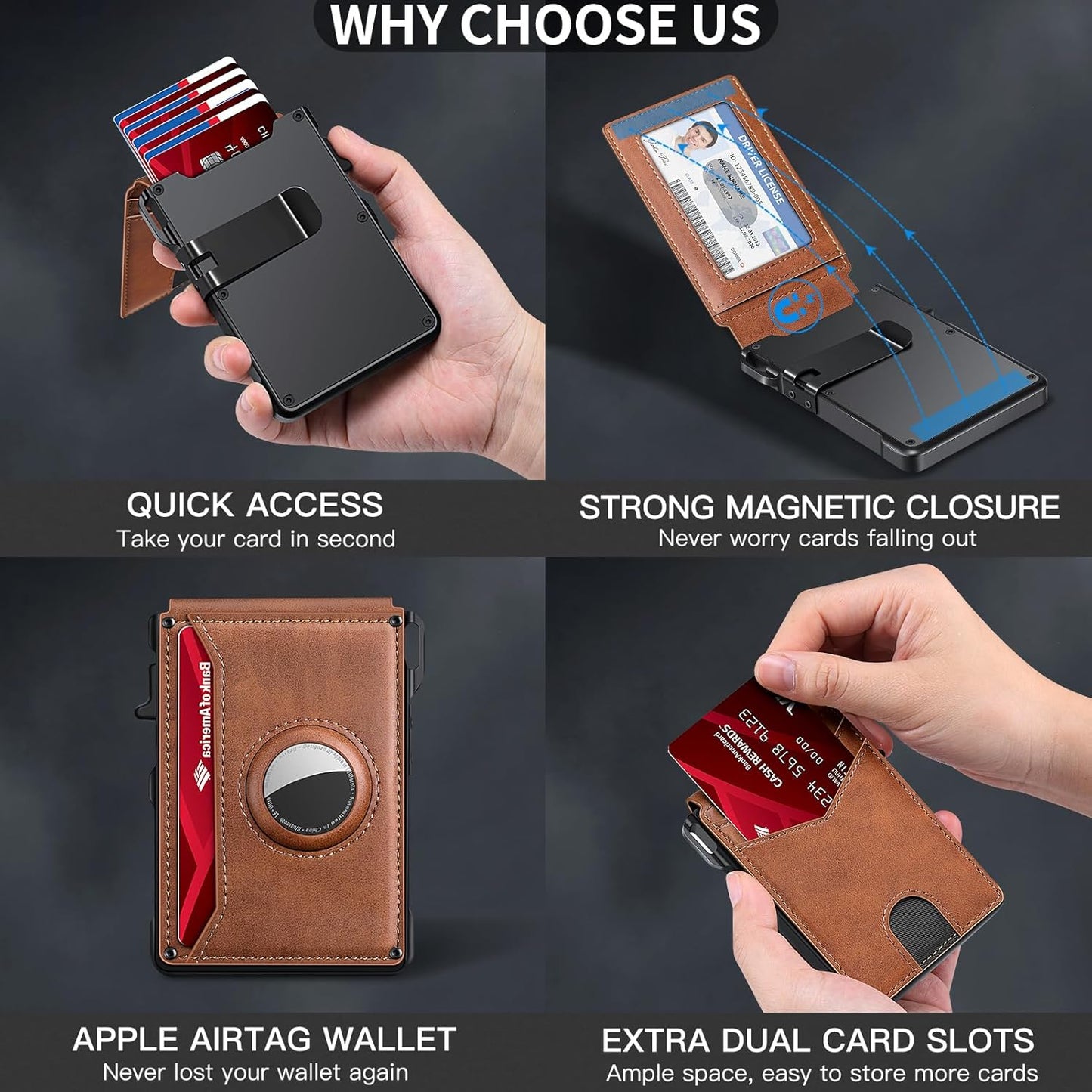 Airtag Wallet for Men, Mens Smart Wallet for Air Tag RFID Blocking, Minimalist Bifold Pop Up Aluminum Credit Card Case Holder 12+ Cards with ID Window, Gift for Men, No Airtag Included, Brown
