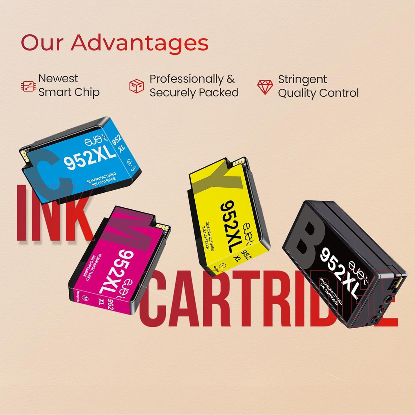 ejet 952XL Ink Cartridges Combo Pack High Page Yield (4-Pack) Compatible for HP 952XL Ink Cartridges Combo Pack | Works Officejet Pro 8702 8710 8720 8210 7740 7720,Black Cyan Magenta Yellow | N9K28AN