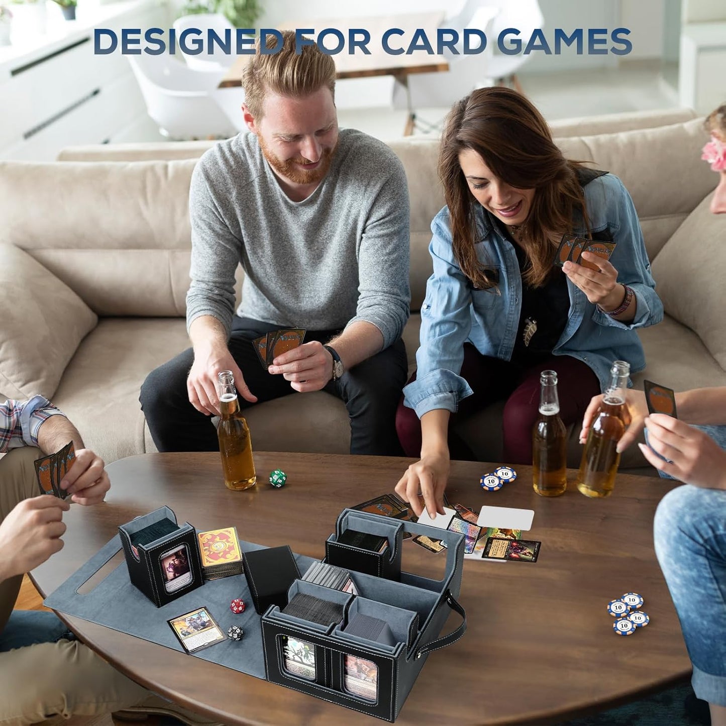 Trading Card Storage Box for MTG, card storage box with Commander Display,Multi-purpose Deck Case for MTG TCG Sports Card, 4 Toploaders, 4 Stoppers, 4 Colorful Dividers (Black & Grey)