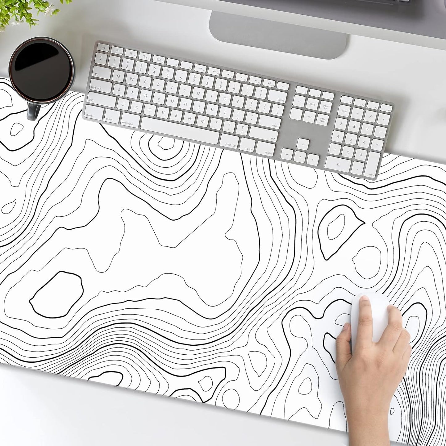 Topographic Contour White Gaming Mouse Pad XL Topo Geographic Map Lines Extended Large Mouse Pad Big Desk Mat Non-Slip Rubber Base Stitched Edge Long Keyboard Playmat for Desk Computer,31.5×11.8 in