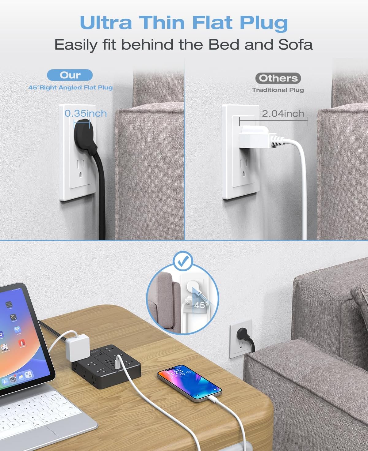 Flat Plug Power Strip, AOFO 5 Ft Extension Cord with 12 Outlets & 6 USB Ports (4 USB-A, 2 USB-C), Surge Protector, Ideal for Home, Office, Dorm, Large Spaces, Reliable and Safe, Black