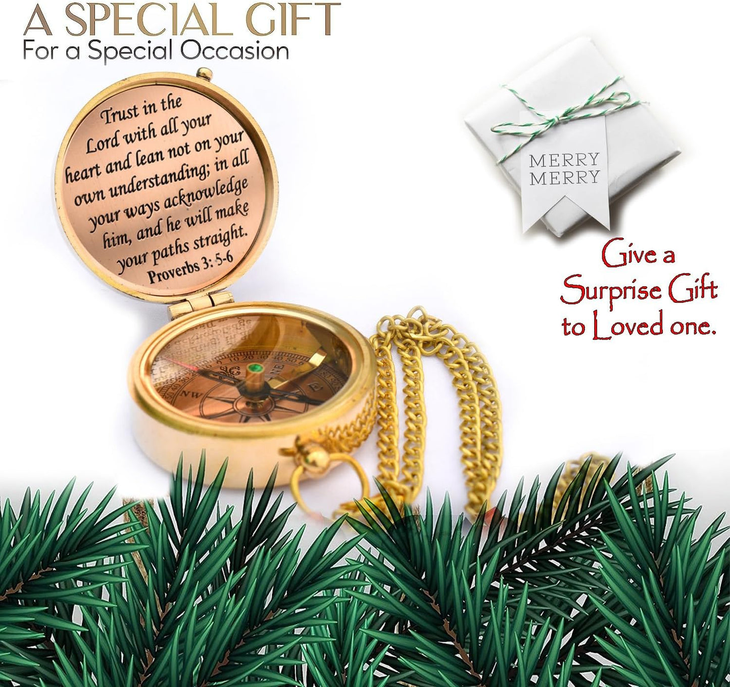 Trust in The Lord With All Your Heart - Proverbs 3:5-6 Quote Engraved Compass With Wooden Box, Greeting Card, Gift Compass, Graduation Day Gifts 2024 for Women Men Boys Girls