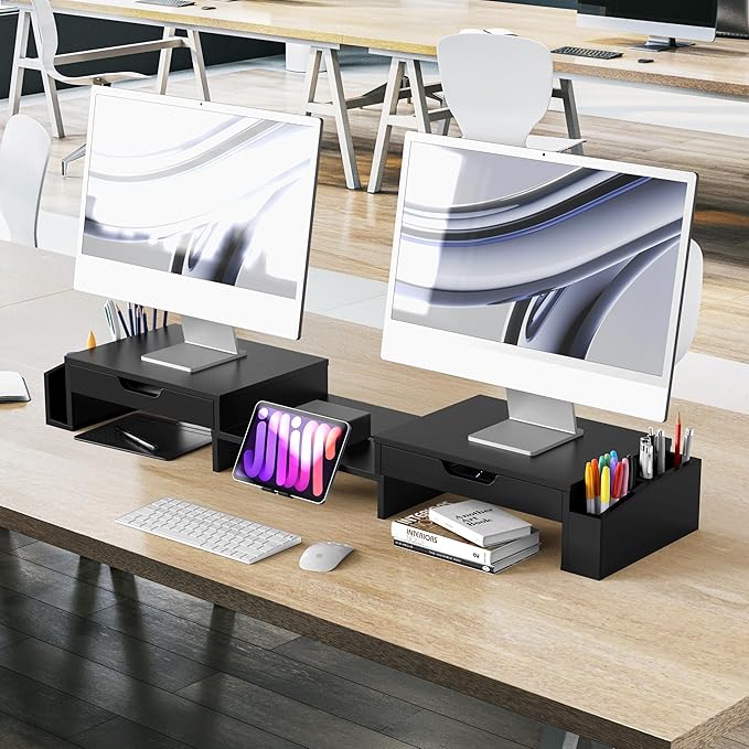 Simple Houseware Desk Dual Monitor Stand Riser with Pull-Out Drawers, Black