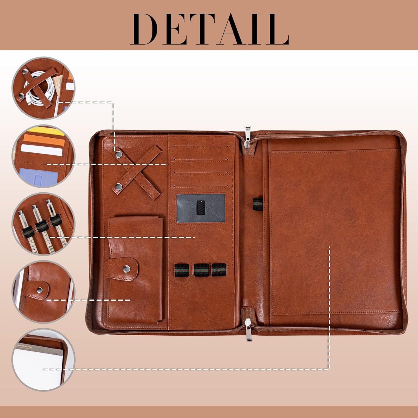 Padfolio with Zipper, Portfolio Binder, Leather Portfolio with Zipper for Men Women, Portfolio Organizer, Padfolio Business Resume A4/Pad, Brown