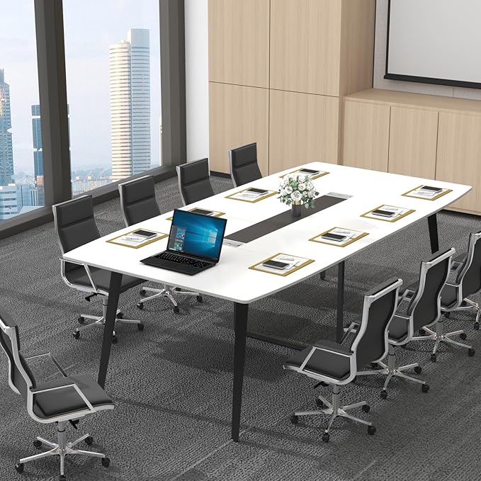 Loomie 8FT Conference Table, 94.49" L x 47.24" W x 29.53" H Meeting Seminar Table with Grommet, Large Boat Shaped Computer Desk, Boardroom Desk for Office Meeting Conference Room,White