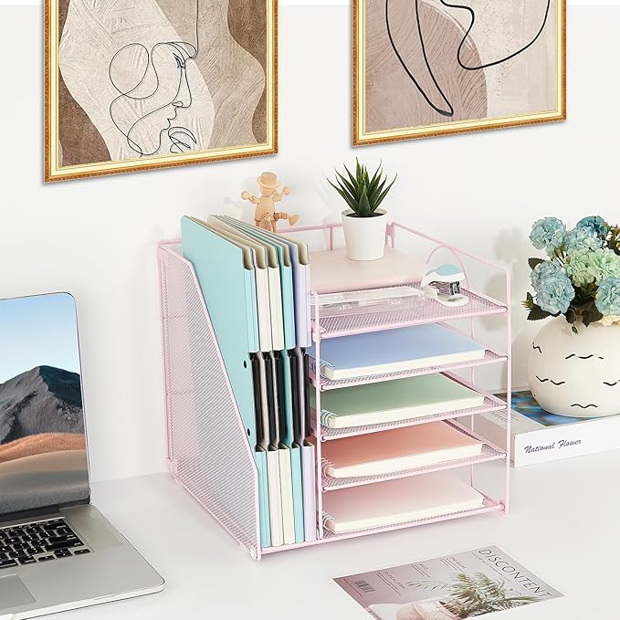 AUPSEN Desk File Organizer, 5-Tier Paper Letter Tray with File Holder Multifunction Office Supplies and Accessories for Office School Home (Pink)