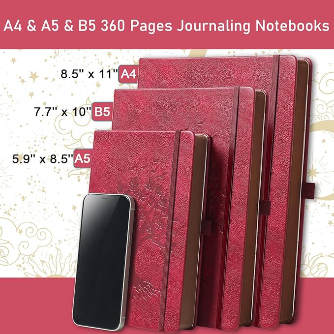 ZXHQ A5 360 Pages Lined Journaling Notebooks with Pen, Journals for Women Men Writing Notebook, Tree of Life Design, Brown Edge Fine Inner Pocket - Wine Red