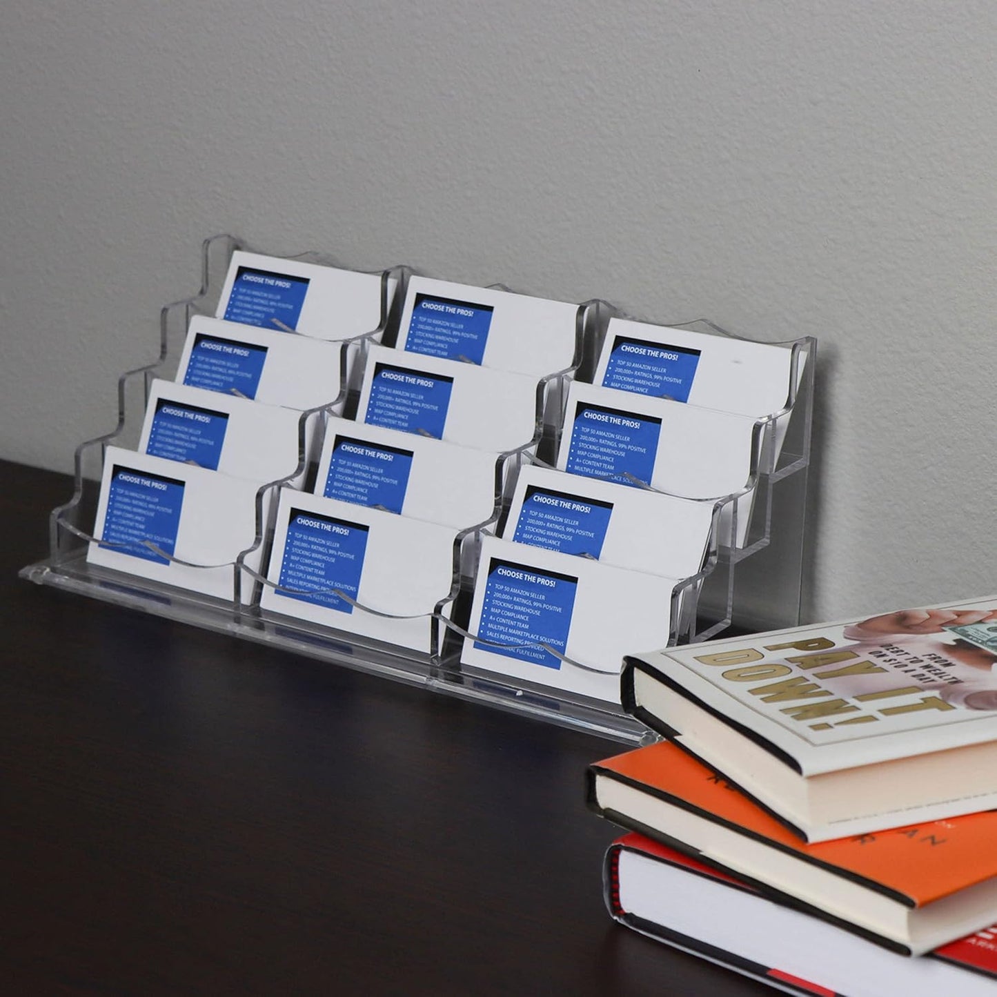 7Penn Acrylic Business Card Holder for Desk - 12 Slot Card Organizer for Desk Storage - Clear Countertop Sticker Display 3 Tier Horizontal Business Card Display Rack - 600 Card Holder Stand