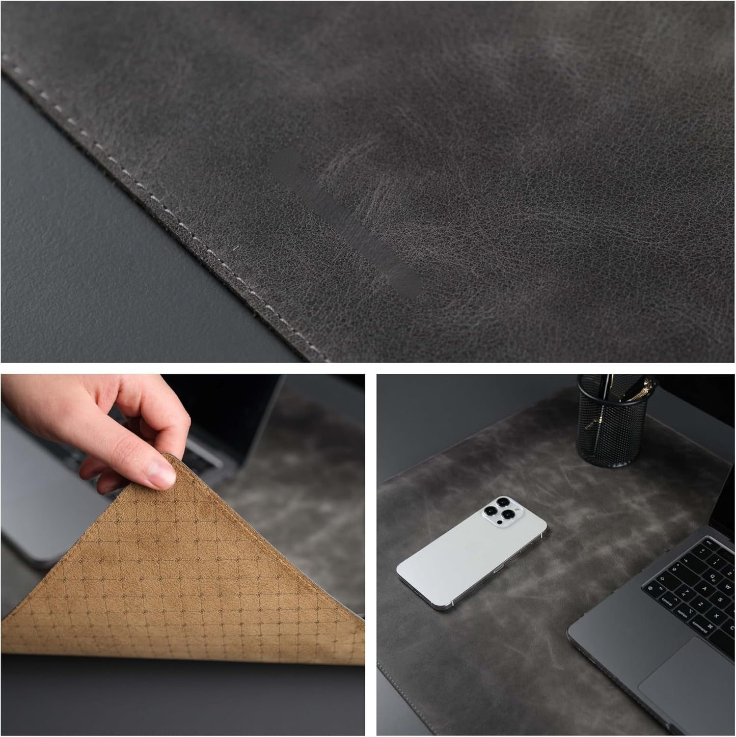 Jersey Genuine Calfskin Leather Desk Pad, Office Desk Mat with Non-Slip Bottom, Smooth Surface for Mouse & Keyboard, Desk Protector (14.6x31.5 inches) (Gray)