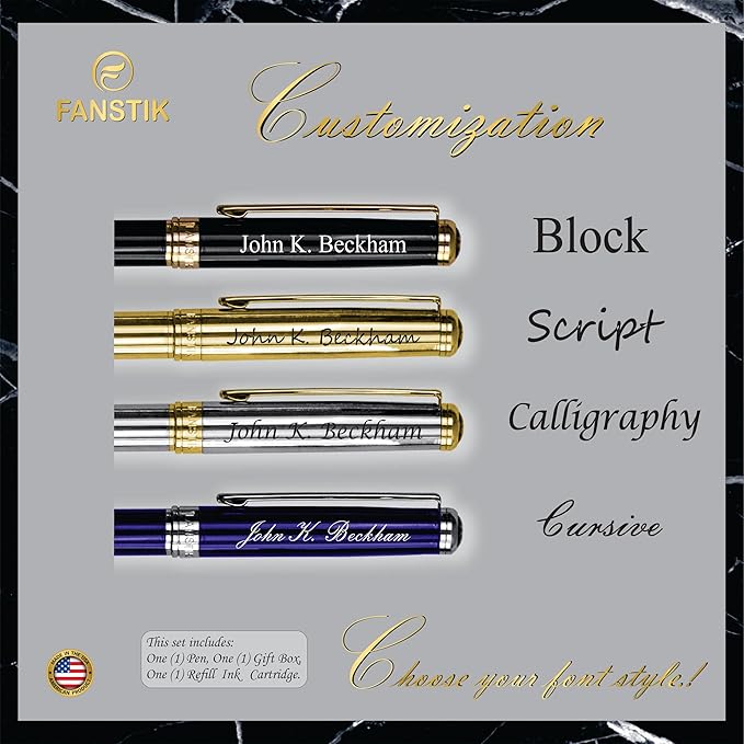 Customized Black & Silver Luxury fountain pen (Made In USA) fancy gift set for women, Real 24K Gold Plating, Professional executive pen gift set for men (Lux Custom-fountain Black-Silver)