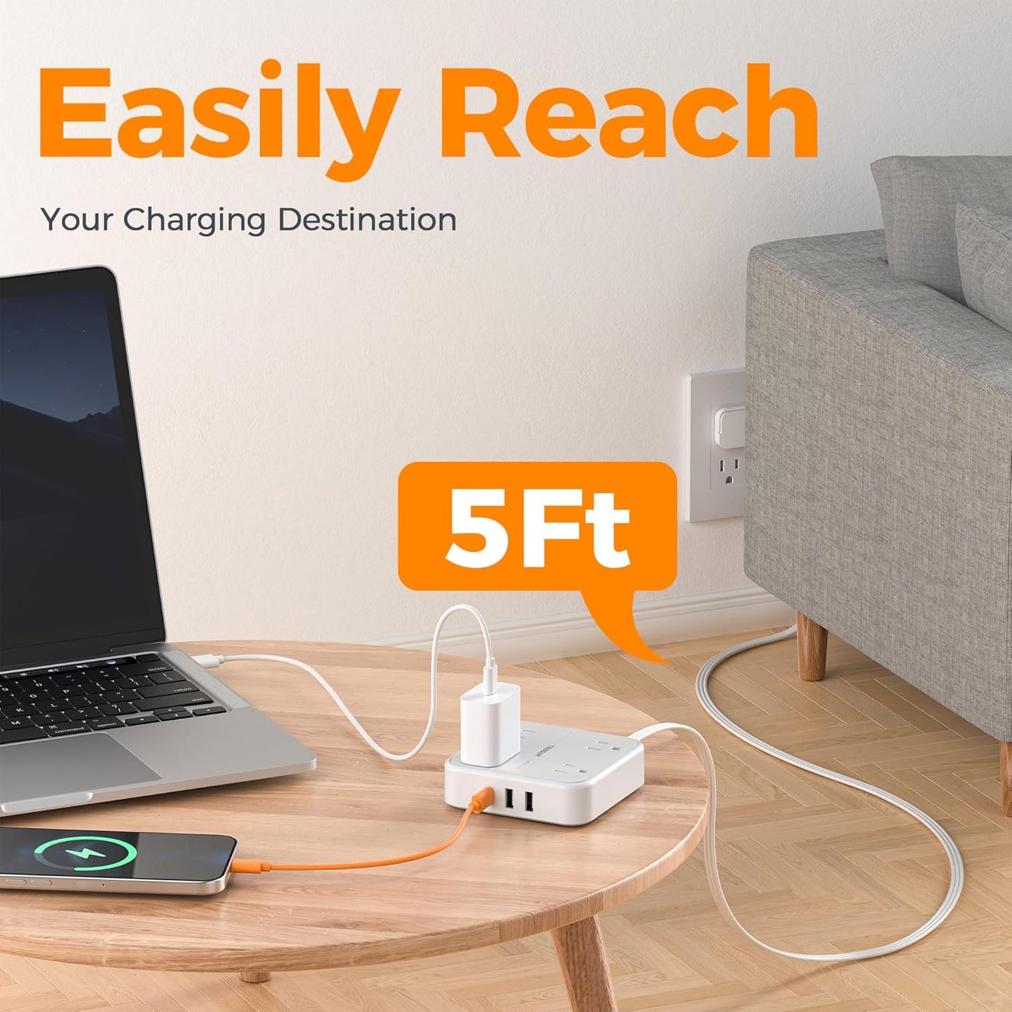 Flat Plug Extension Cord 5 Ft, TESSAN Surge Protector Power Strip Ring Pull with 3 USB (1 USB C) 4 Outlets, 900 Joules Protection, Desktop Charging Station for Home, Office, College, Dorm Room, Gray
