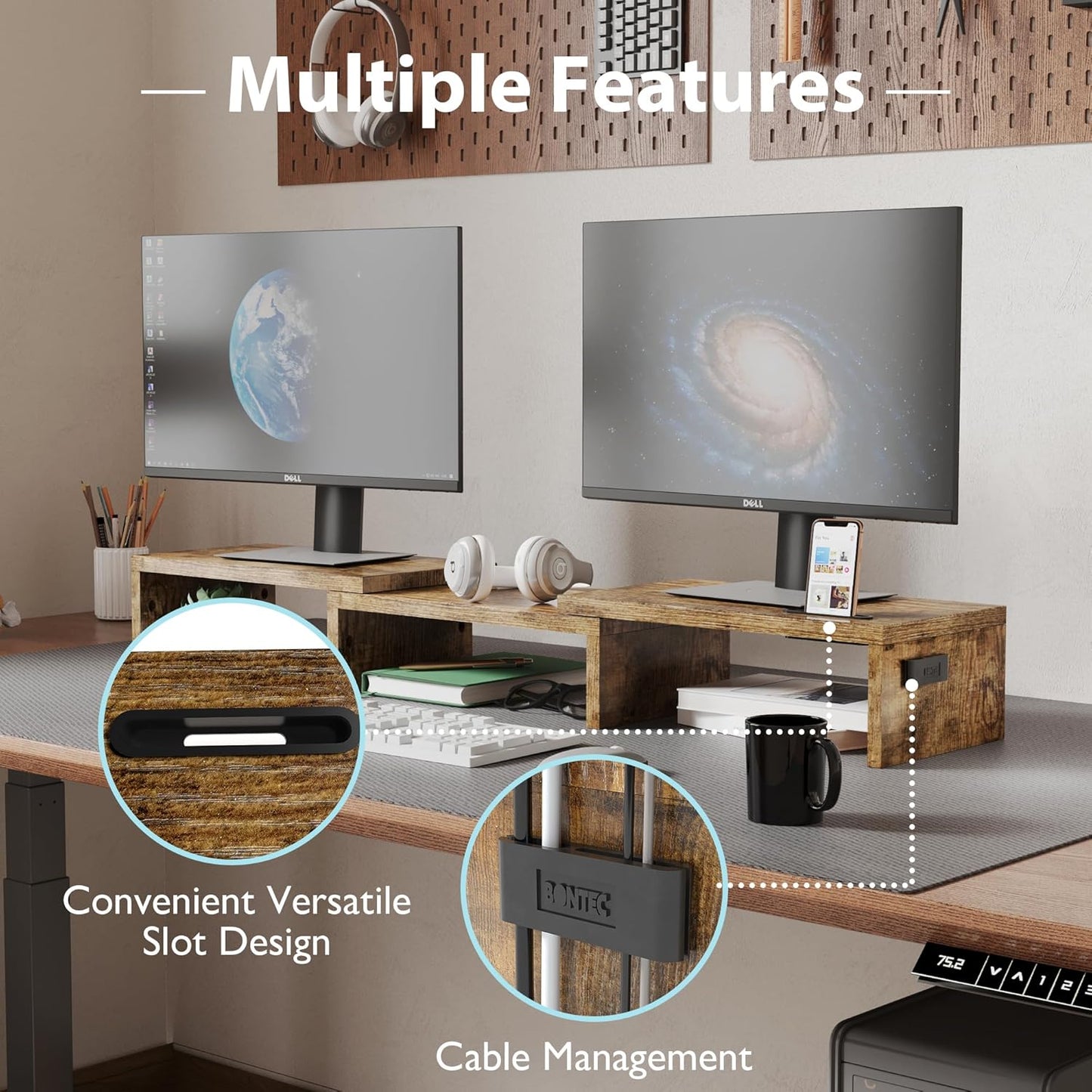 BONTEC Dual Monitor Stand Riser with Smartphone Holder, Adjustable Length & Swivel Angle, Ergonomic Wooden Desktop Organizer for PC Monitor, Laptop, Printer, Large Storage, Rustic Brown