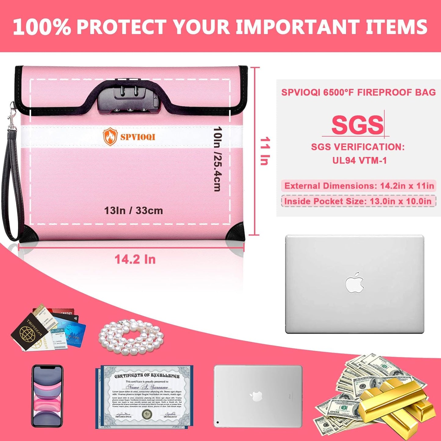 SPVIOQI 6500°F Upgraded Fireproof Document Bag with Lock, Fireproof Money Bag for Cash w. Zipper/Reflective Strip, 10Layers of Heat Insulated Materials, Water Resistant Fireproof Bag for Documents