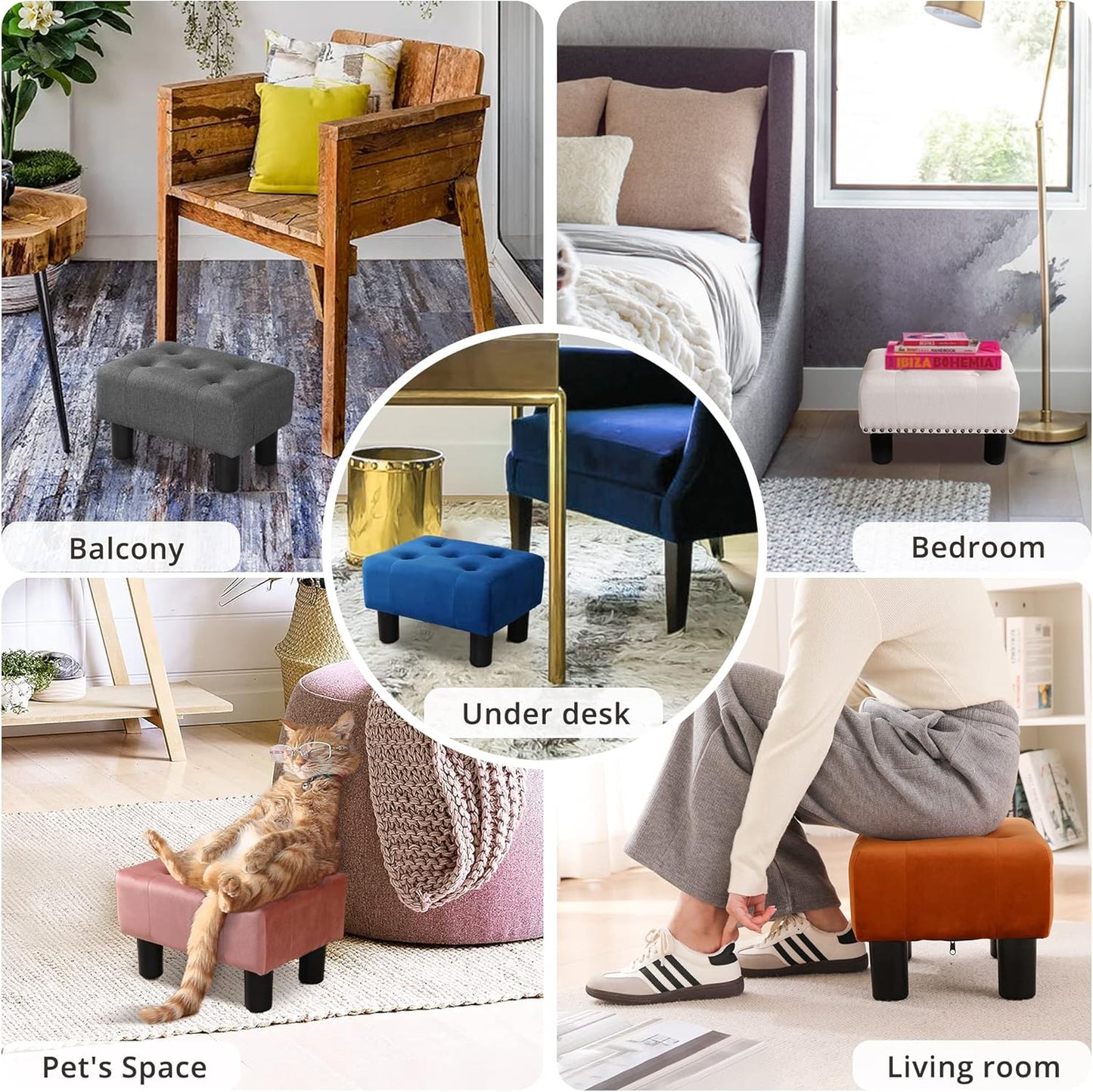 LUE BONA Small Tufted Foot Stool, Velvet Ottoman Elegant Foot Stools Ottoman with Plastic Legs, 9''H, Rectangle Footstool for Adult with Non-Slip Pads,Foot Rest for Living Room,Couch, Navy Blue