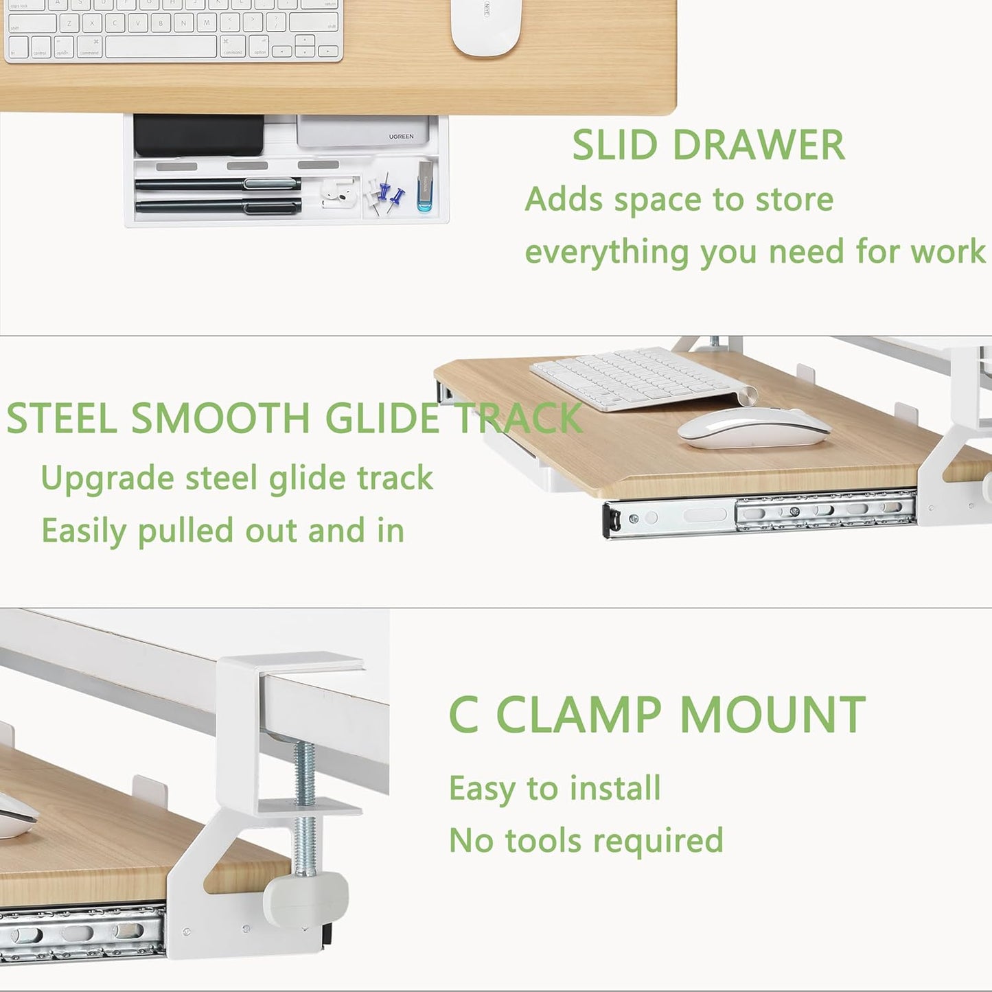 ETHU Keyboard Tray Under Desk, 19.7" X 12.2" Small Size C Clamp Keyboard Drawer Under Desk, Computer Keyboard Stand Slide Pull Out, Ergonomic Keyboard Tray for Home, Office (Oak)
