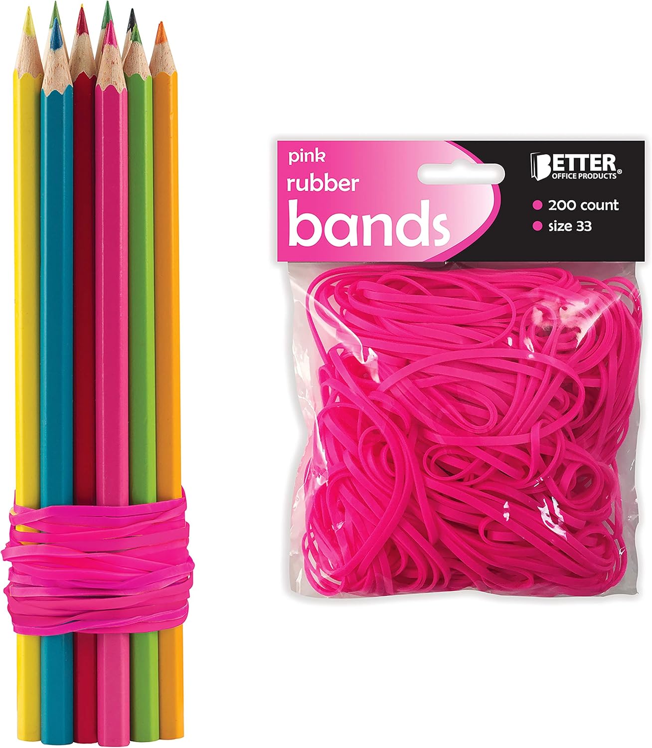 Better Office Products 200 Pink Rubber Bands, Size 33, 200/Bag, Hot Pink Rubber Bands