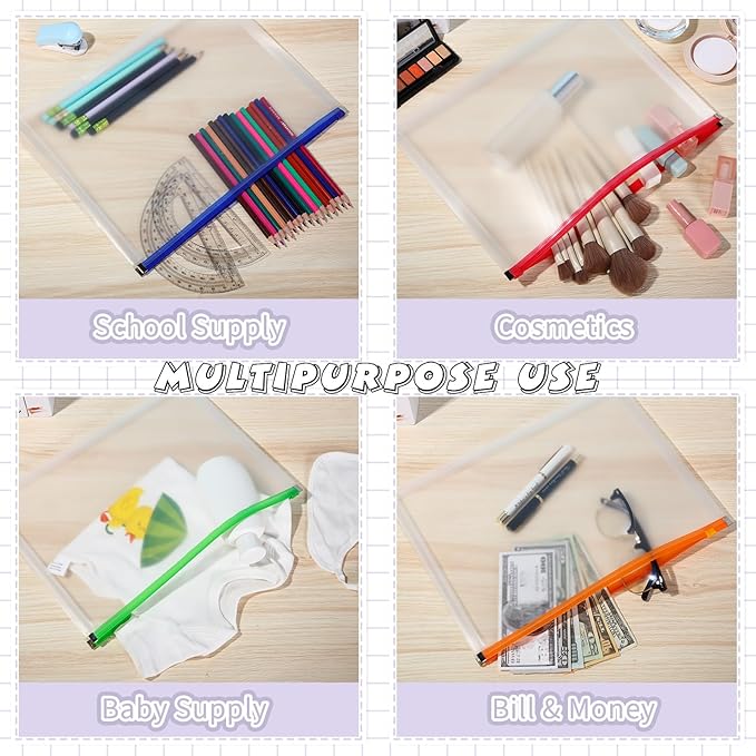 Yexiya 14 Pcs Back to School Clear Plastic Zip Envelope A4 Zipper Document Folder 13 x 9.7In File Folder Expanding Envelope Pouch for Paper Pencil Storage Office Supplies (Bright Colors)