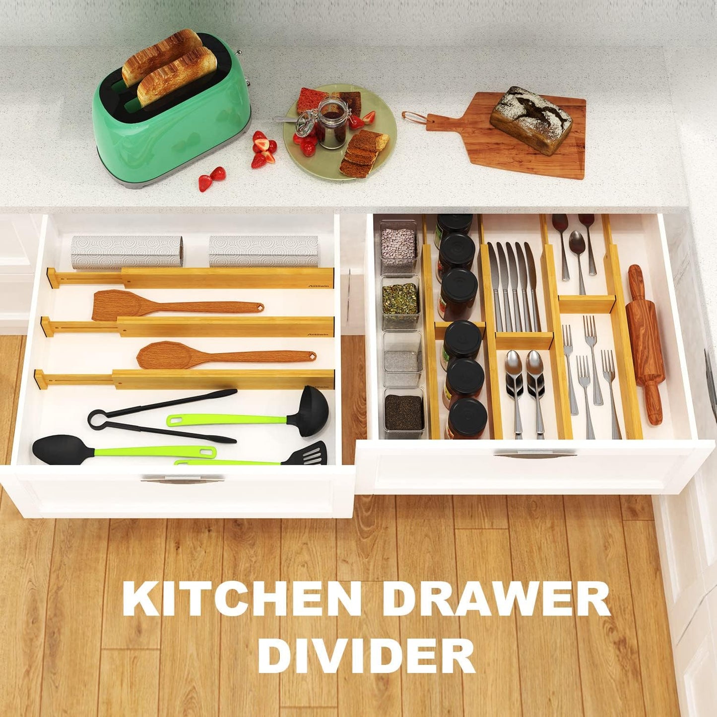 ANTOWIN Bamboo Drawer Dividers, Expandable Drawer Separators Splitter, 17-22 inches Adjustable Spring-loaded Organizer for Large Utensil, Clothes, Tools Drawers, 6 Pack Dividers + 4 Pack Baffle
