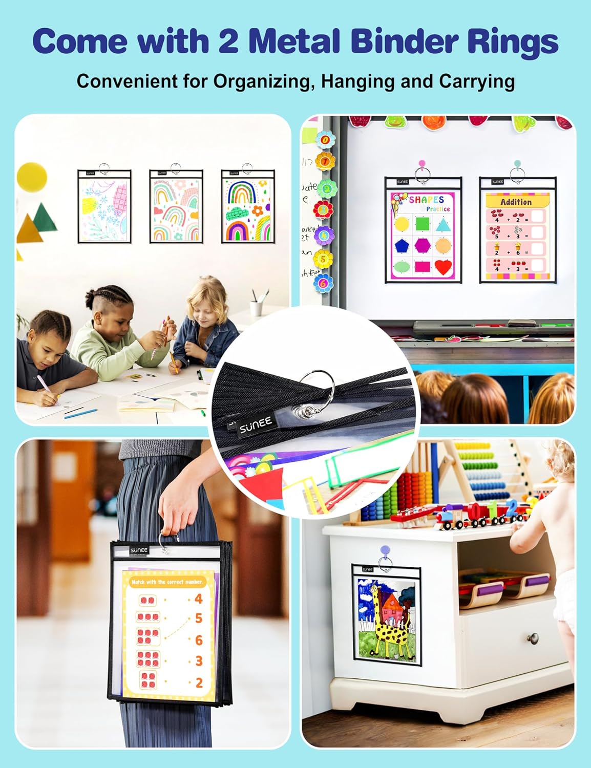 SUNEE 6 Packs Oversized Reusable Dry Erase Pocket Sleeves with Ring, Black 10x14 Ticket Holders, Clear Plastic Sheet Protectors, Teacher School Classroom Supplies