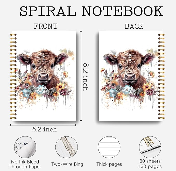 Highland Cow Notebook Journal - Highland Cow Gifts, Floral Spiral Journal Notebook 5.5×8.3, Cow Gifts for Cow Lovers, Cow Gifts for Women, 164 Pages