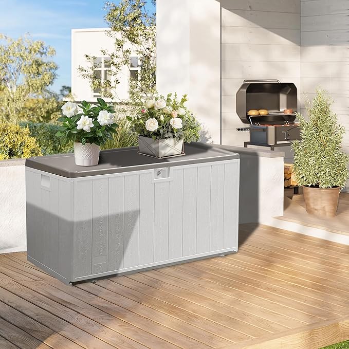Premium Pro Edition 110 Gallon Lockable Resin Deck Box, Waterproof & UV-Resistant Outdoor Storage Box for Outdoor Cushion Storage, Garden Tools & Pool Accessories Storage, White