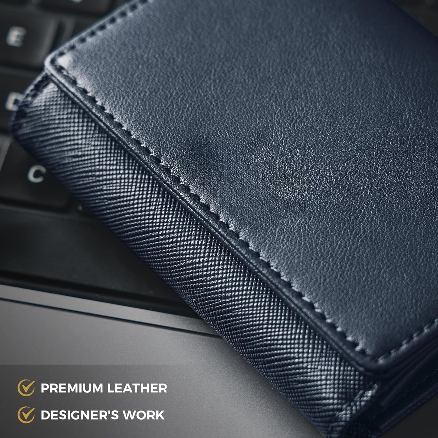 Real Leather Business Card Holder Premium RFID Blocking Card Case with ID Window and Magnetic Closure Holds Up to 40 Business Cards (Navy)