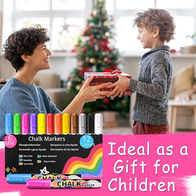 12 Liquid Chalk Markers for Blackboard Washable, 6MM Chalkboard Markers for Whiteboard, Window, Glass, Mirror, Car, Non-Toxic Chalk Pens for Back to School, Office & Home Use