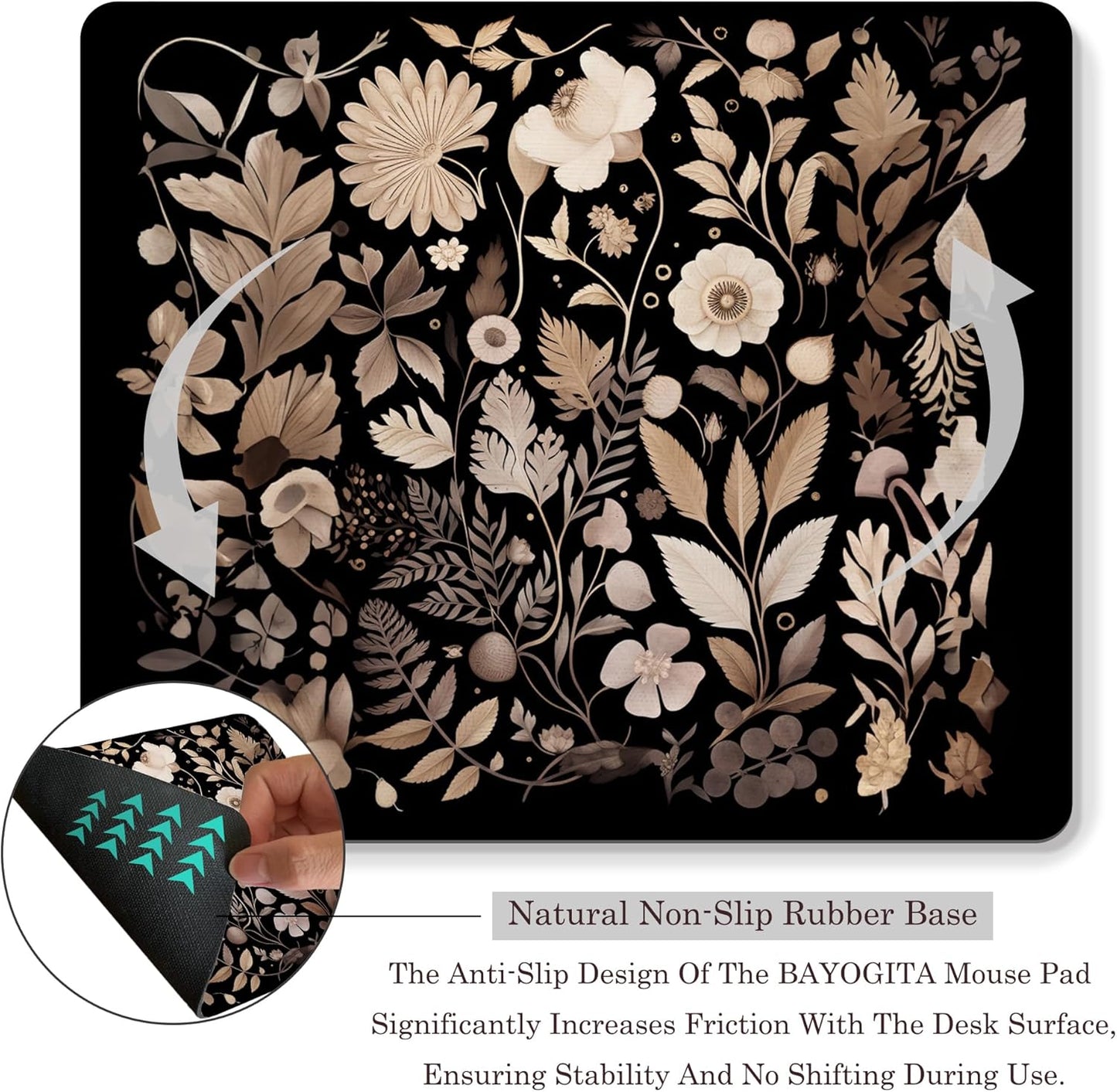 Floral Black Mouse Pad - Vintage Floral Decor Mousepad, Black Boho Flower Office Desk Mouse Pad, Boho Coworker Gifts, Gifts for Flower Lovers, 9.5x8 Inches