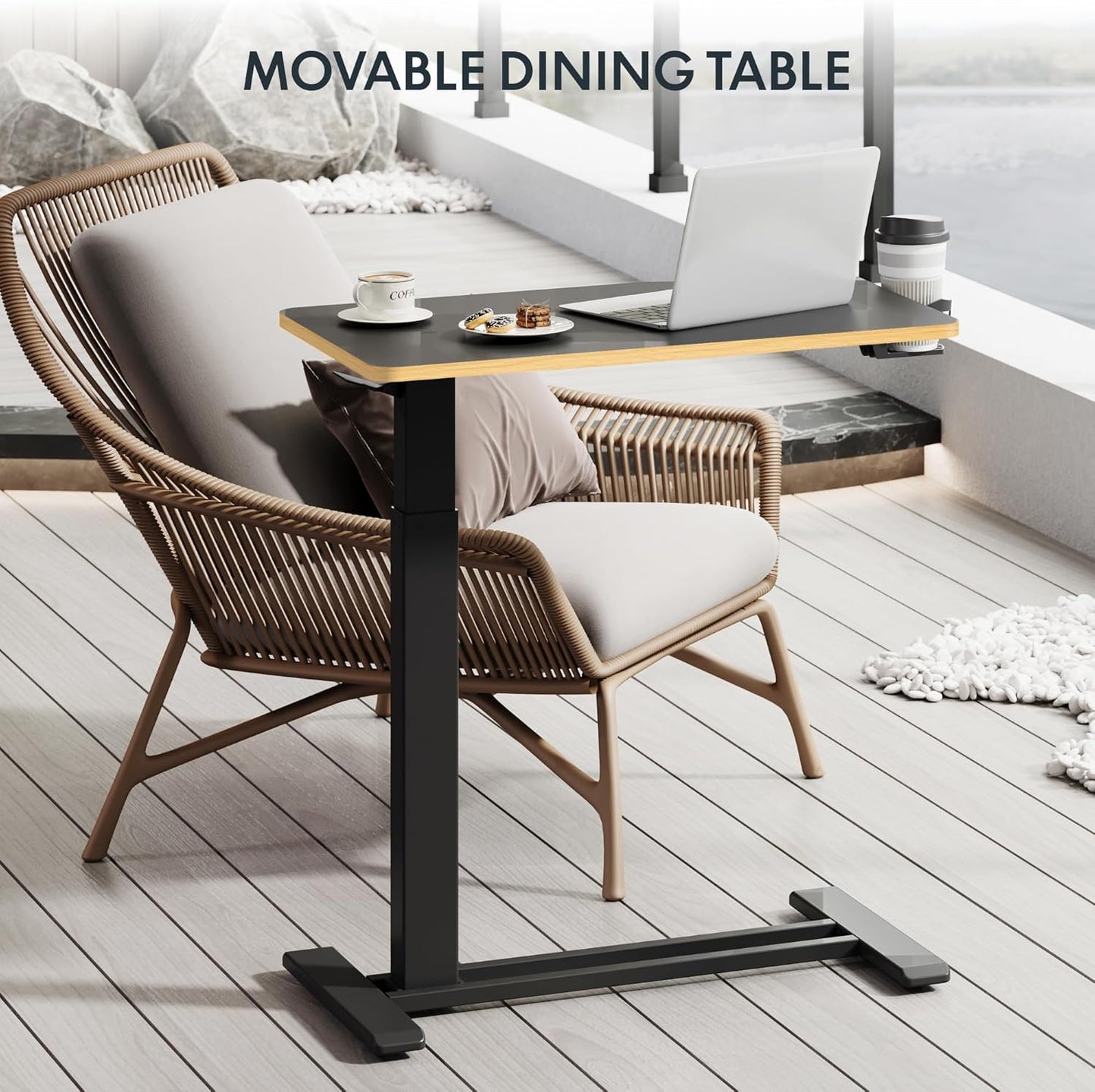 FLEXISPOT Mobile Standing Desk with Wheels Pneumatic Laptop Desk Rolling Computer Cart Movable Height Adjustable Small Sit Stand Desk Computer Workstations Home Use(27.6" W x 15.7" D, Black+Maple