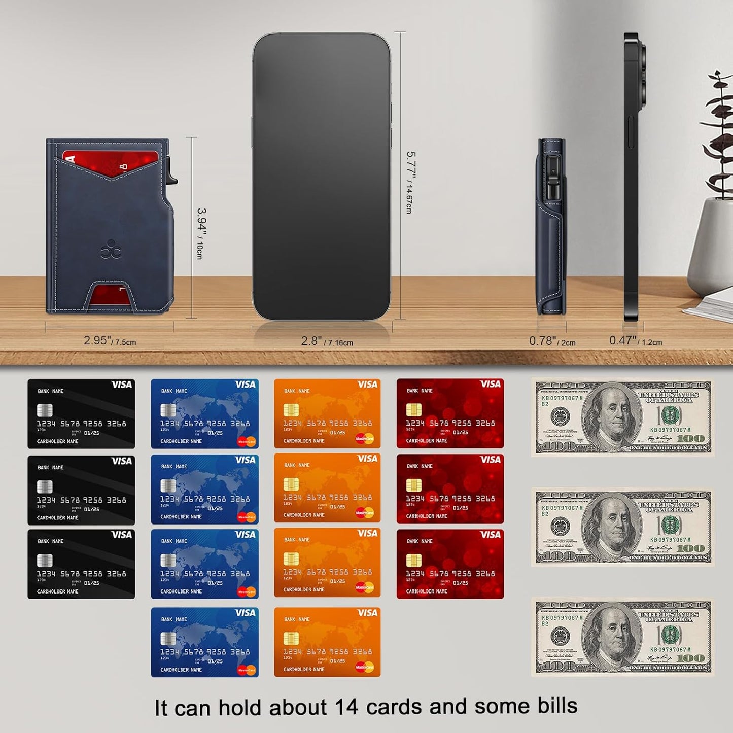 Wallet for Men Wallet with Slim Pop Up Card Holder 9-13 Cards, Bifold Minimalist Smart Wallet RFID Blocking Credit Card Holder with ID Window & Stretchable Cash Slot Compact Metal Aluminum Card Case