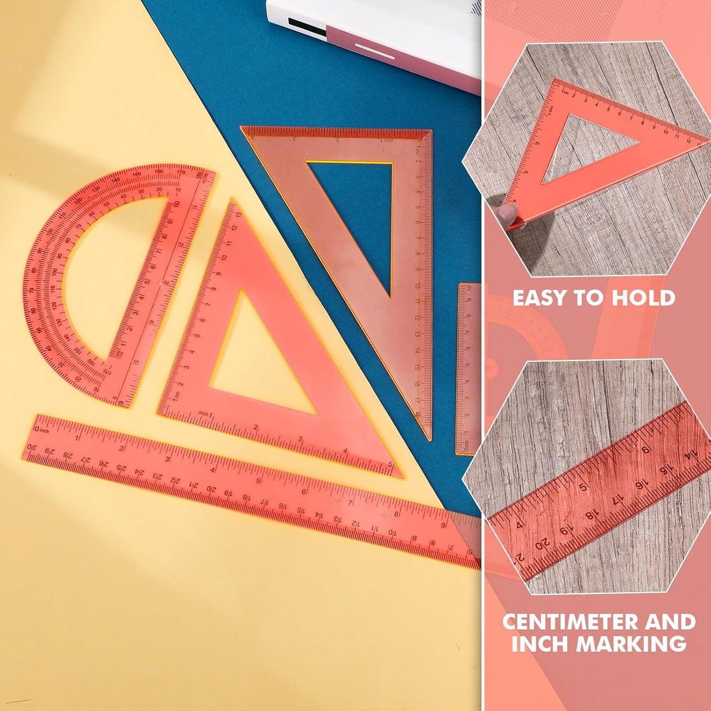 Tenare 6 Pcs Plastic Ruler Math Set Includes 12 Inch 6 Inch Straight Protractor Triangle Geometry Transparent Math Ruler Measuring Tools for School Office Home (Orange)