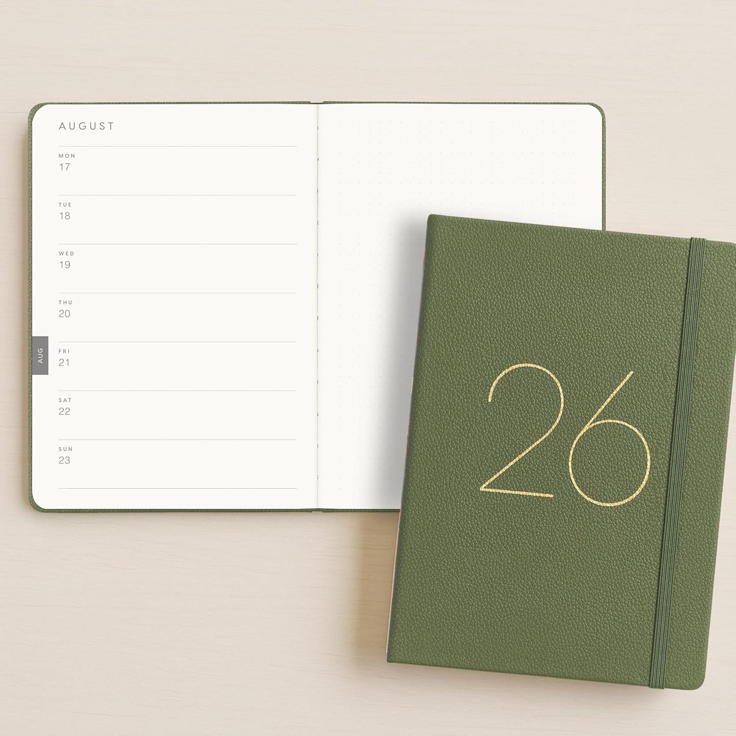 And Per Se 2026 Planner-Daily, Weekly & 15-Monthly Leather Hardcover Planner, 5.7" x 8", Daily Schedule, Monthly Tabs, 100 GSM Thick Paper, Back Pocket(Olive Green)