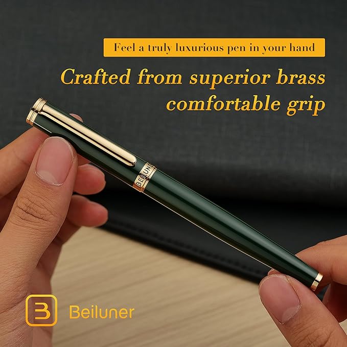 BEILUNER British Racing Green Fountain Pen,Stunning Luxury Pens with 24K Gold Accents, Gorgeous 24K Gilded Nib(Medium), Ink Converter, Pen Gift for Men&Women-Elegant, Reliable,Fancy for Writing